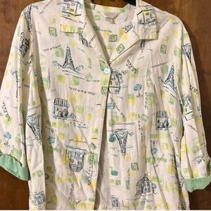 CJ Banks Linen Blend Paris Print Blouse Womens 1X Eiffel Tower Travel Top